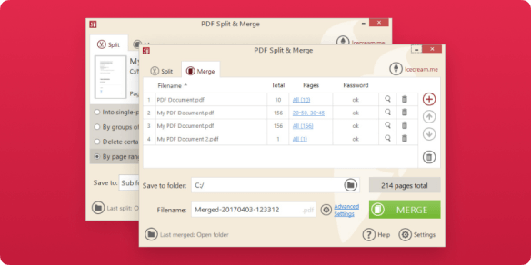 Dividir y fusionar de PDF en proceso consecuente